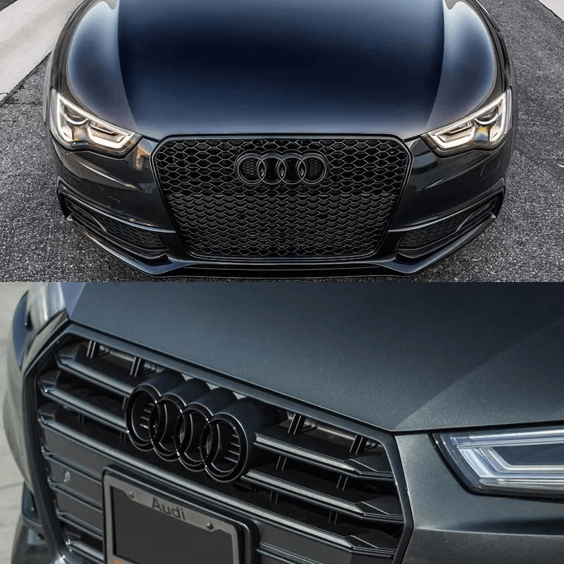 AudiGlossyBlackRingsFrontGrilleBadgeEmblem_10.75x3.66HoodGrillLogo - Elite Auto Spare