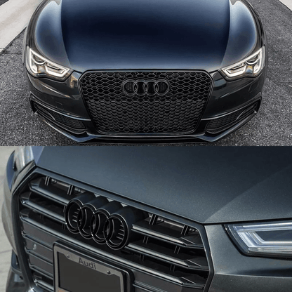 AudiGlossyBlackRingsFrontGrilleBadgeEmblem_10.75x3.66HoodGrillLogo - Elite Auto Spare