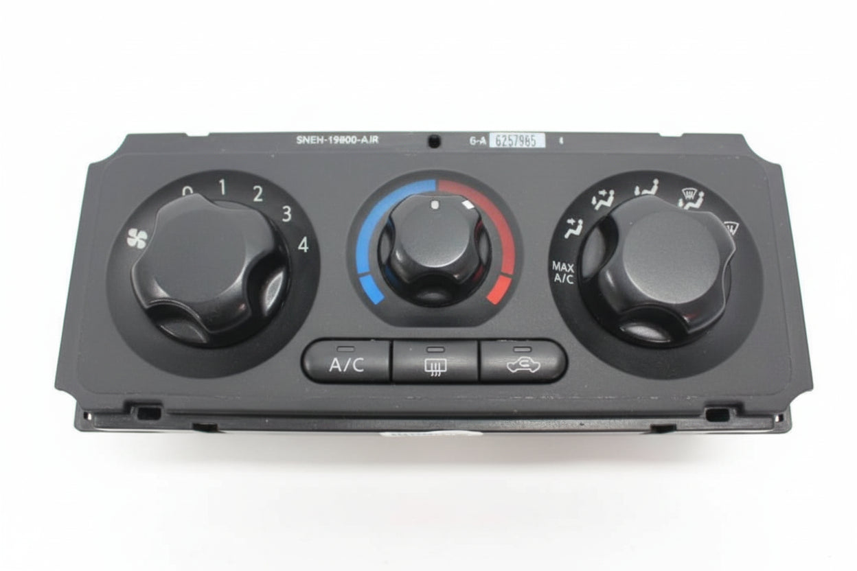 Car air conditioning control panel with dials and buttons on a white background